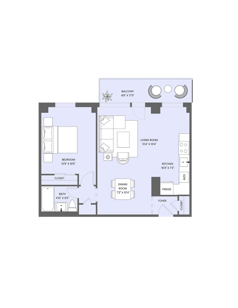Floor plan for 1 bed, 1 bath, 626 sqft
